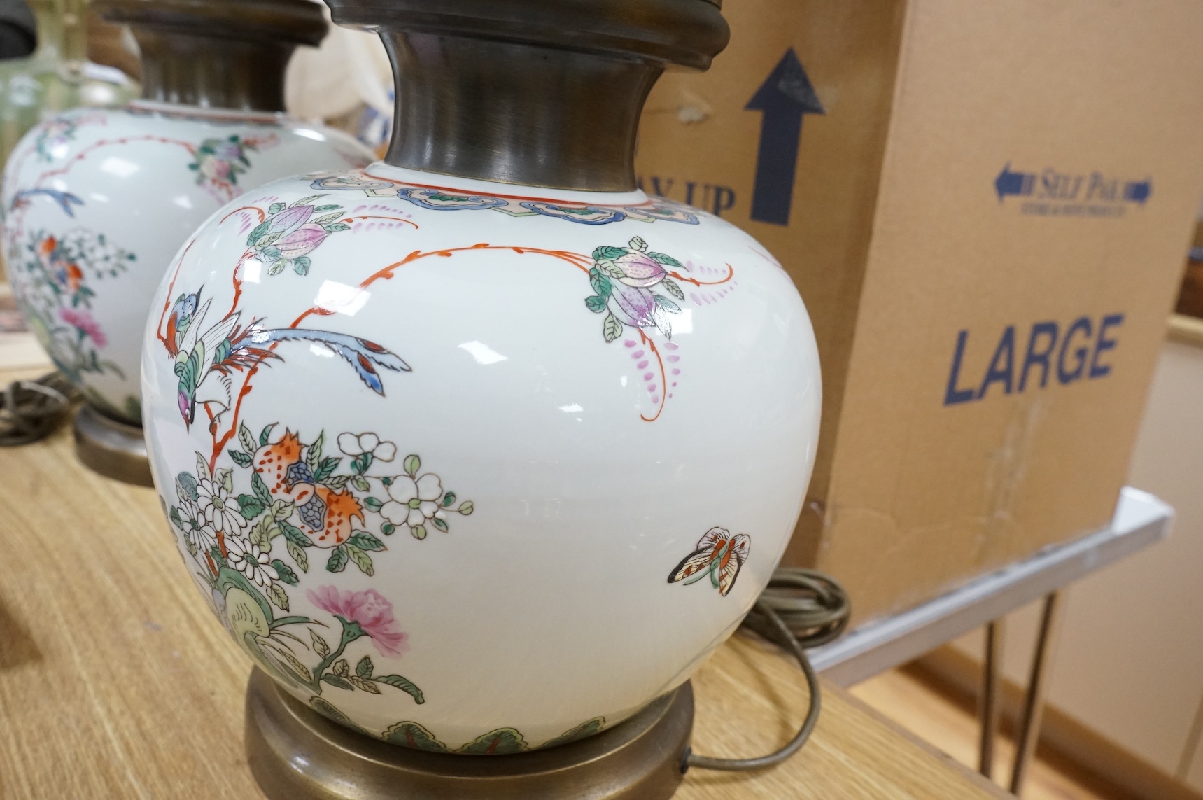 A pair of Chinese famille rose table lamps, with shades, 62cm total